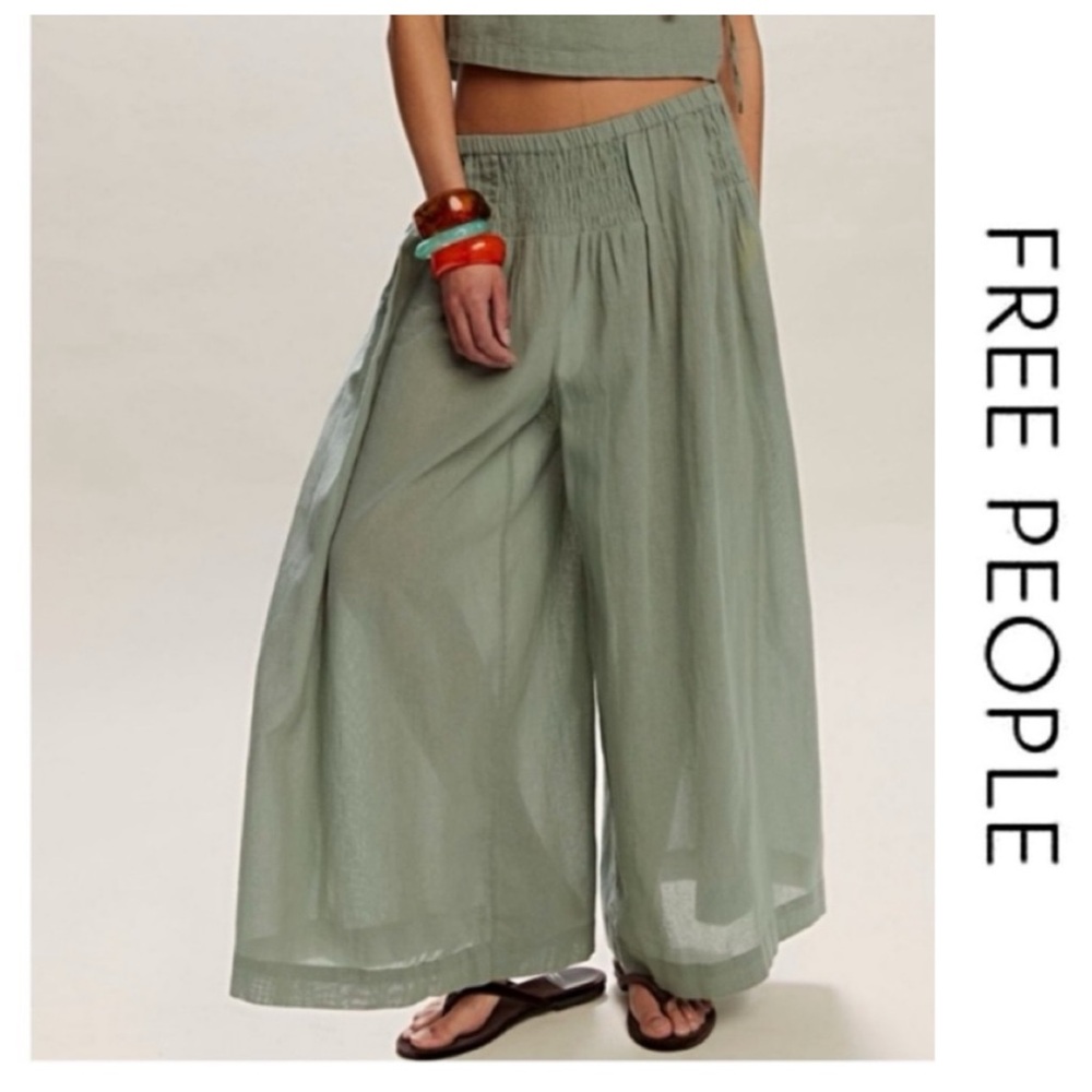 🔥NWTS! FREE PEOPLE Rising Sun Pants Lily Pad Billowy Wide-Leg Soft Green Large